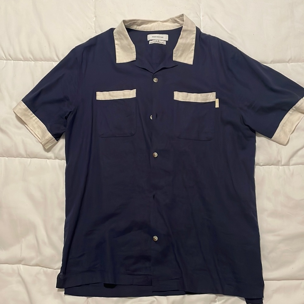Navy blue Hawaiian/ Bowling style.